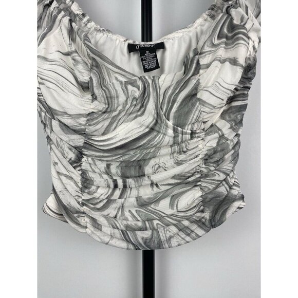 Just Polly White Gray Marble Mesh Ruched Side Seam Crop Top Size‎ M - Picture 4 of 5